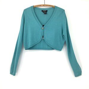 Karen Kane Silk Large Shrug Turquoise Long Sleeve Cropped Cardigan Jewel Pin